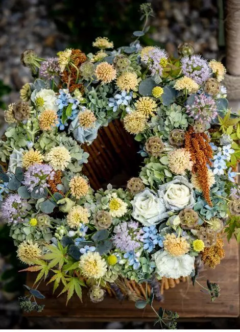 Floral wreath with blue accents